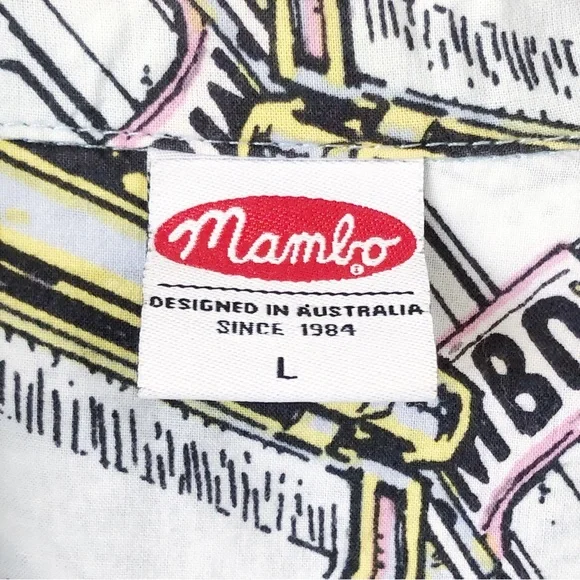 MAMBO Mens Size L Black White Cotton Button Down Short Sleeve Shirt Quirky Beach - Picture 9 of 10